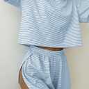Ciaotin Women 2 Piece Pajama Sets Cute Stripe Short Sleeve Tee Top and Split Shorts Lounge Set Sleepwear Pjs Home Loungewear Blue (Blue, S)