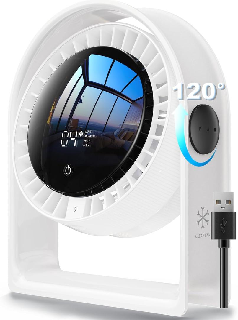 RANVOO 2026 New Desk Fan, Quiet Air Circulator Mini Fan for Bedroom, 4 Speeds Strong Airflow Portable Fan, Smart Display USB Fans,120°Tilt, Small Desktop Table Fans For Office Room, Ivory White