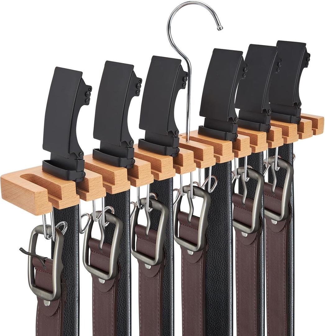 Belt Hanger Organizer for Closet: Ohuhu 2 in 1 Wall Mount Hanger 14 Slots+13 Hooks Storage Wooden Belt Organization 360 Degree Rotating Belt Display Holder for Belt Tie Scarf Accessories, 1 pack
