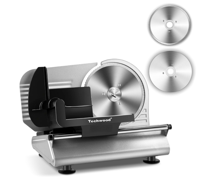 Meat Slicer, Techwood 150W Electric Slicer for Home Use with 2 Removable 7.5" Stainless Steel Blade, Deli Cheese Fruit Vegetable Bread Cutter with Adjustable Thickness, Easy to Clean, Silver