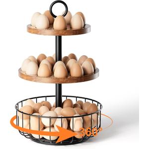 3-Tier 360 Rotating Egg Holder with 24+40 Egg Capacity - Rustic Farmhouse Kitchen Counter Organizer, Tiered Egg Storage Rack with Ventilated Wooden Trays & Metal Basket for Easter Eggs, Fresh Eggs
