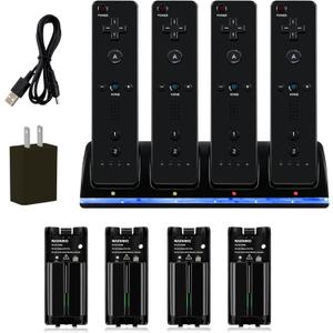 DTianSir 4 in 1 Wii Remote Charger,Charging Station with 4 Pack 2800mAh Rechargeable Battery,Plugs,USB Cable for Wii/Wii U Remote Controller (Black)