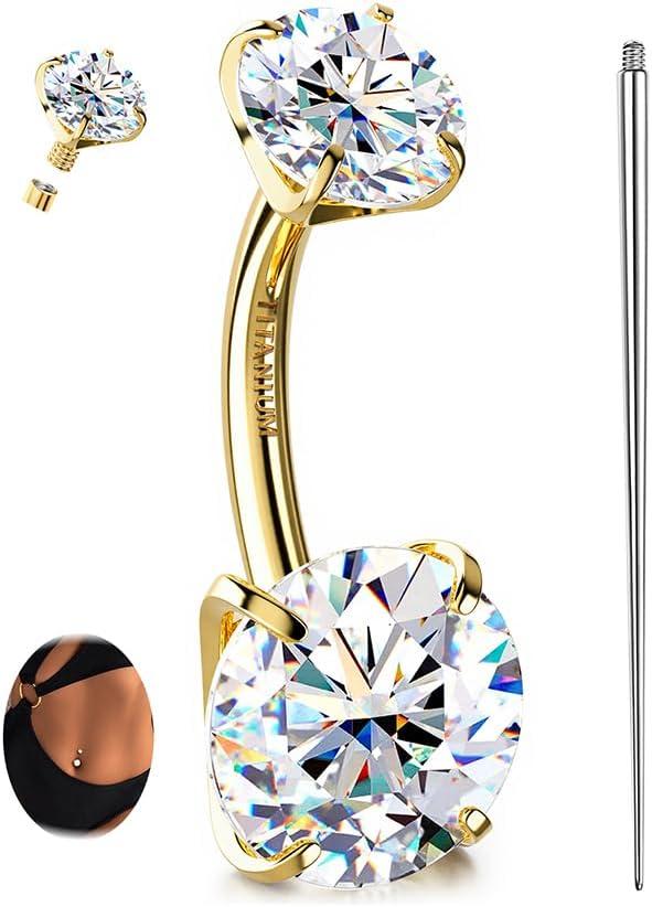 GEMQUEEN Moissanite G23 TItanium Belly Button Ring 18K Gold Plated Hypoallergenic Internally Threaded Belly Rings 14G Navel Piercing Jewelry For Women Men D Color VVS1 Clarity Brilliant Cut