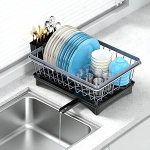 LEMIKKLE Sink Dish Drying Rack - Expandable Small Dish Rack Over Sinks with Drying Tray, Dish Drainer for Kitchen Counter with Cutlery Holder, Drying Rack Fit for 14-19 Kitchen Sink (Gray)