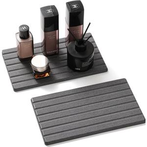 2PCS Water Absorbing Stone Drying Tray Mat for Bathroom Sink & Kitchen Counter Organizer, Quick Dry Dish Soap Dispenser Sponge Holder, Vanity Sink Caddy, Coaster, Dark Gray - 10" x 6"