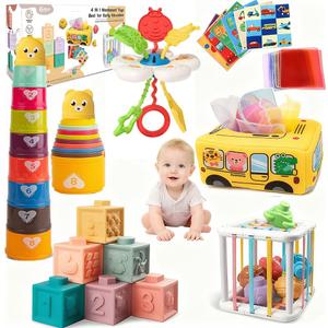 Baby Toys 6-12 Months, Montessori Toys for 1 Year Old, Silicone Pull String Teether Toy, Stacking Building Blocks Infant Toddler Toy 0-3, Shape Bin Sensory, Baby Boys&Girls Gifts Set