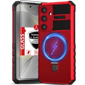 for Samsung Galaxy S24 Plus Case Compatible Wireless Charging Magnetic,with Screen Protector,for S24+Plus Phone Case with Stand Ring Military Grade Shockproof Heavy Duty Protection Red