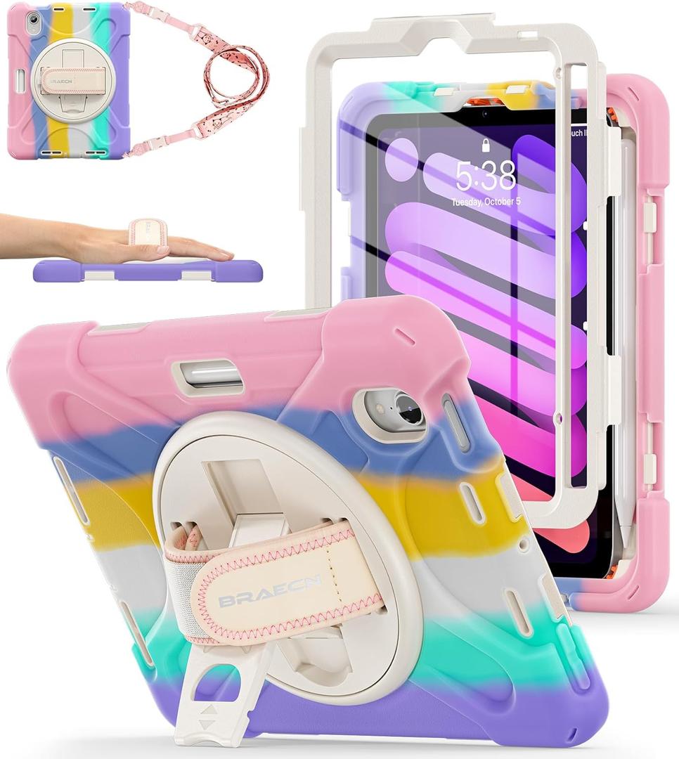 BRAECNstock Kids Case for Apple iPad mini 7 (A17 Pro) 2024/ Mini 6 8.3" Shockproof Protective iPad mini 7th/6th Gen Case with Screen Protector Pen Holder [Rotating Stand+Hand Strap], Colorful Pink
