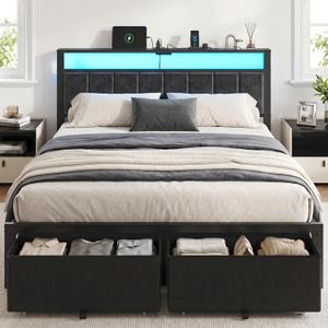 Queen Size Bed Frame with Upholstered Headboard and 2 Storage Drawers
Smart RGB LED Lights, Usb & Type C Charging Station, Black Platform Bed, Metal Slats, Noise Free, No Box Spring Needed
