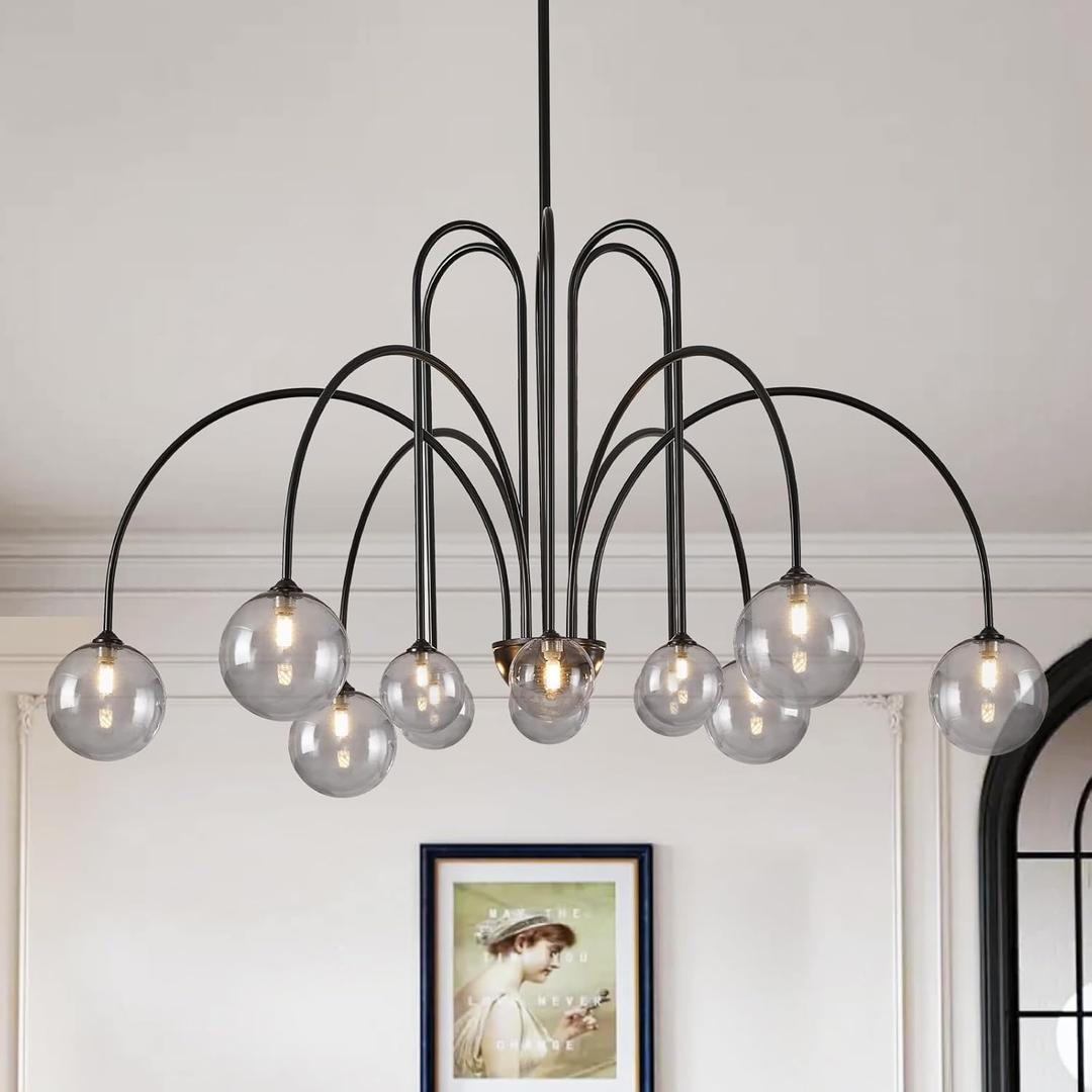 Modern Black Chandelier 12 Lights Sputnik Chandelier Large L52 Mid Century Ceiling Pendant Light Fixtures with Smoke Glass Globe Shades for High Ceiling Living Dining Room Foyer Staircase