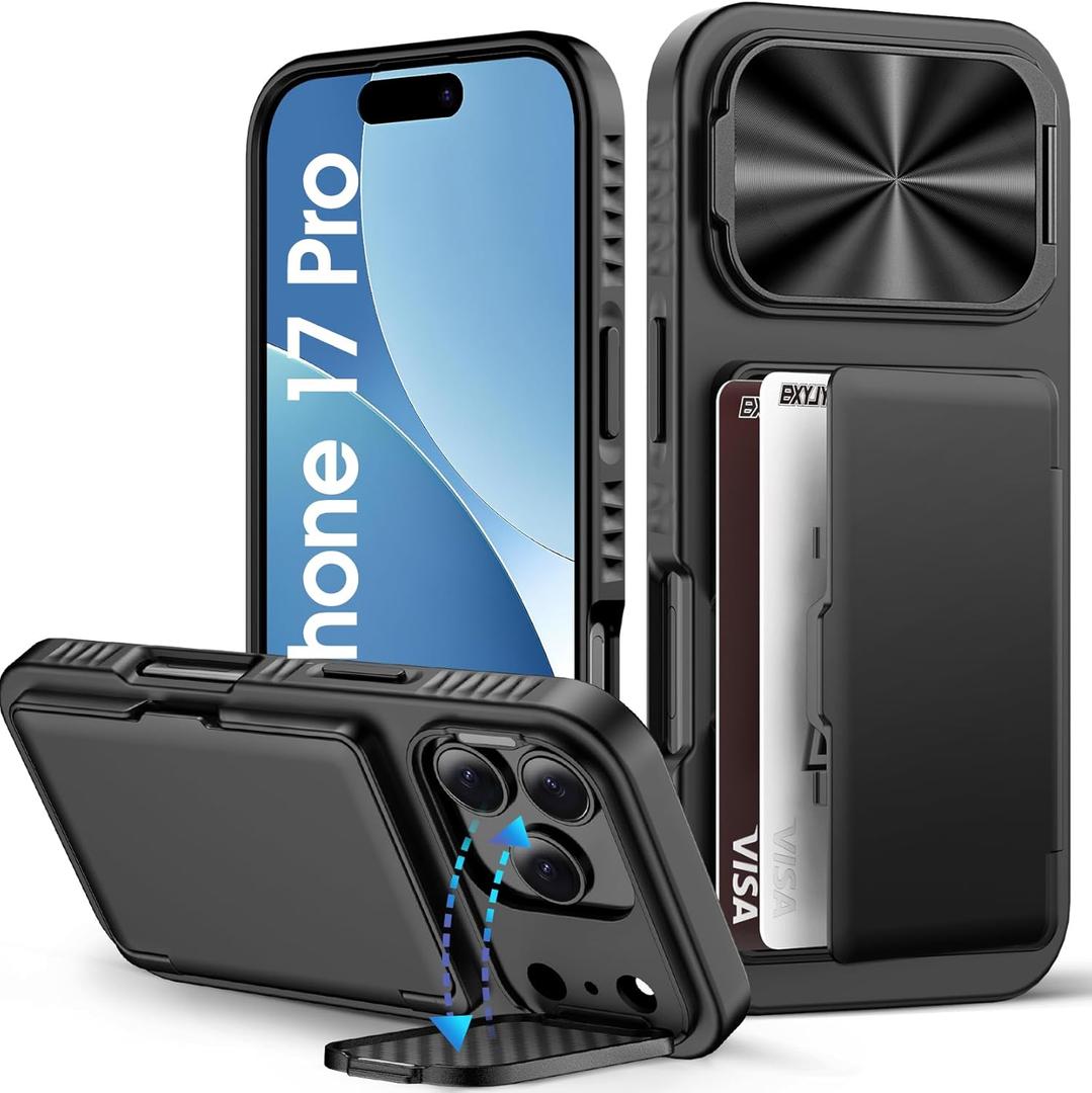 for iPhone 17 Pro Case Wallet, Card Holder (3-5 Cards), Camera Cover Stand, Military Grade Drop Protection, Rugged Hard Heavy Duty Men Women Phone Case for iPhone 17 Pro 6.3" 2025, Black
