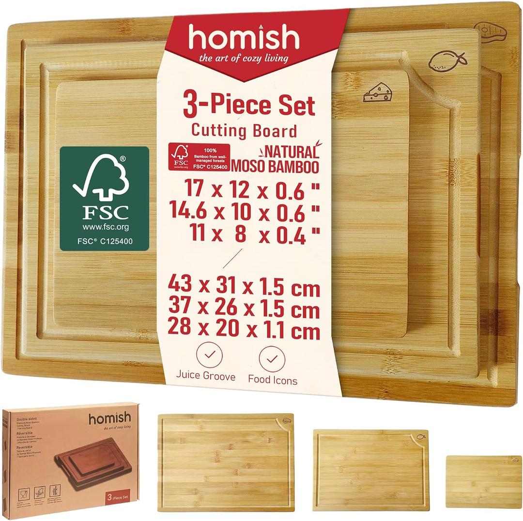 Large Bamboo Cutting Board 3 Piece Set with Juice Groove & Handle - Non Toxic Wood Charcuterie Board & Butcher Block for Meat, Veggies Fruit & Cheese - Kitchen Gift Set by Homish