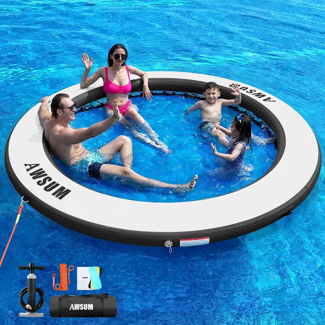 AWSUM Water Hammock, Inflatable Round Floating Ring with Breathable Mesh Heavy-Duty Circle Float for Adults Pool Lake River Beach Relaxation Island Platform Dock (8 Ft, Black+Blue)