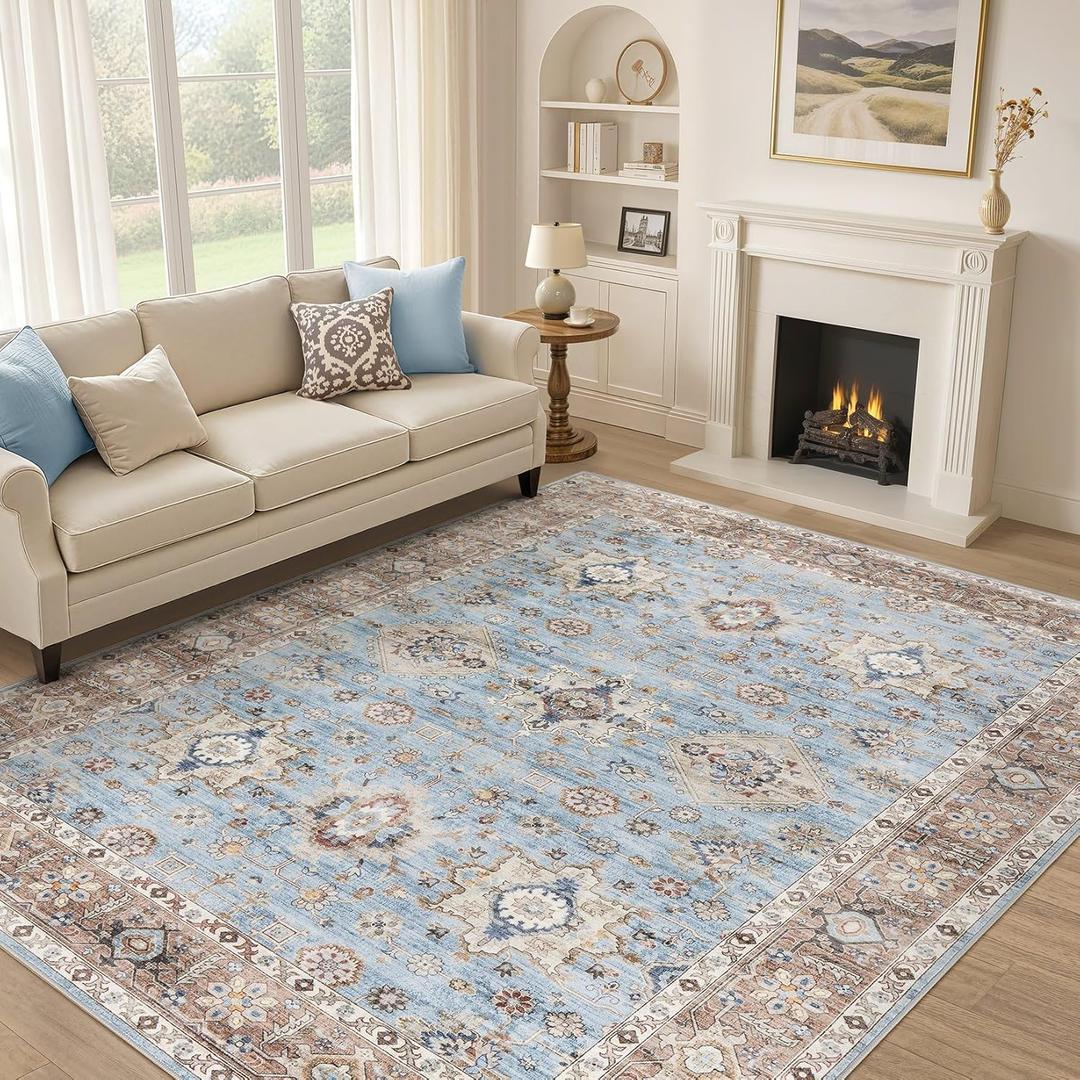 Area Rugs for Living Room: 10x14 Washable Rug Vintage Pattern Large Non-Slip Stain Resistant Soft Durable Floor Carpet for Bedroom, Dining Room, Home Office - Brown Blue