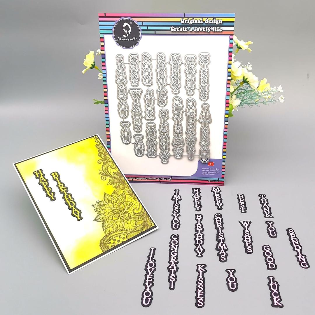Alinacutle16PC Vertical Word Dies Metal Cutting Die Cut Sentiments Diecut Greeting Dies Good Wishes for Paper Craft Scrapbooking Album Handmade Card Making Art Set