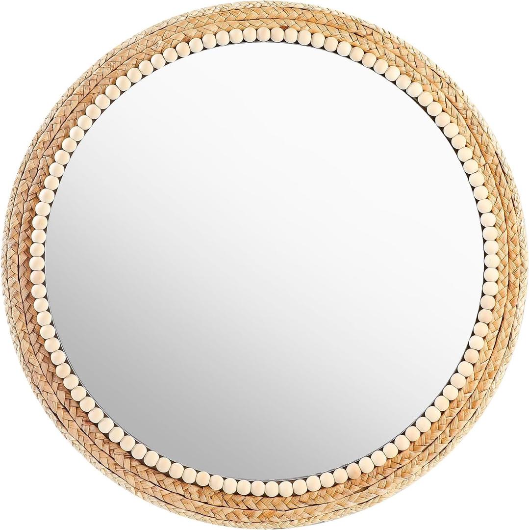 21 Inch Boho Round Hanging Wall Mirror Decorative Rattan Circle Wall Mounted Mirror for Farmhouse, Living Room, Bedroom, Bathroom