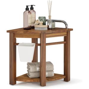 16.5 Teak Shower Bench Seat with Handle, Corner Wooden Spa Bathing Stool with Storage Towel Shelf, Perfect for Inside Shower and Outdoor Use