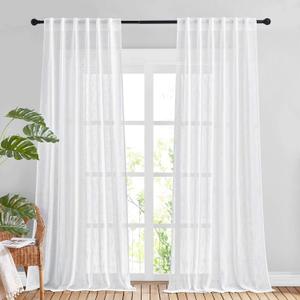 NICETOWN White Linen Sheer Living Room Curtains 120 inch Long, Rod Pocket & Back Tab Semi Sheer Window Treatment Privacy with Light Filtering Drapes for Bedroom, W52 x L120, 2 Panels