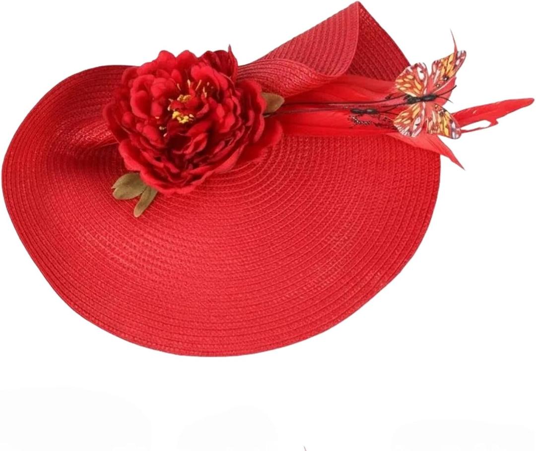 Fascinator Elegant Hat for Women Cute Flower Headpiece Large Brim Wedding Tea Party Church Fancy Floral Butterfly Headwear (Red)
