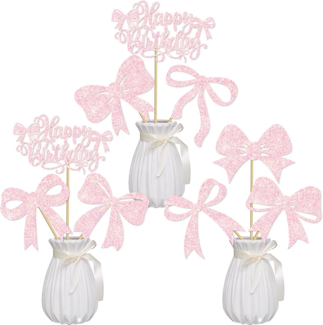 Bow Birthday Centerpiece Sticks 16pcs Pink Decorations Bow Party Table Topper Centerpieces Coquette Birthday Table Decorations for Girls Bowknot Bachelorette Party Supplies