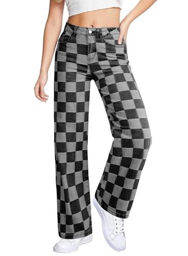 Sidefeel Jeans for Women Trendy High Waisted Wide Leg Stretchy Checkered Straight Leg Loose Denim Pants Black Size 8