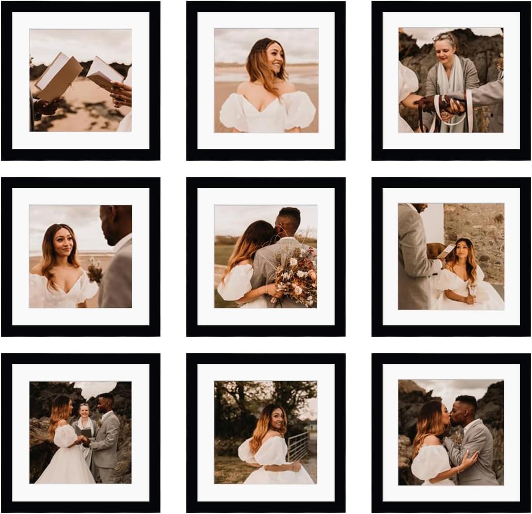 10x10 Picture Frame Set of 9, Display Pictures 8x8 with Mat or 10x10 without Mat, Multi Collage Gallery Square Photo Frames for Wall or Tabletop, Black