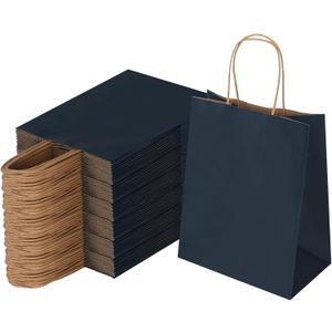 Joybe 100 Pack 8x4.75x10 Inch Medium Navy Blue Kraft Paper Bags with Handles Bulk, Craft Paper Gift Bags for Party Favors Retail Shopping Business Goody Merchandise Take Out Blank Sacks (100pcs)