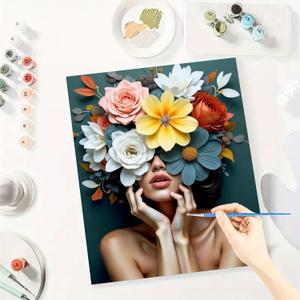 Huacan Paint by Numbers Kits for Adults Beginner Without Frame DIY Flowers Drawing On Canvas Handmade Acrylic Woman Painting Kit with 3 Brushes 16x20 Inch