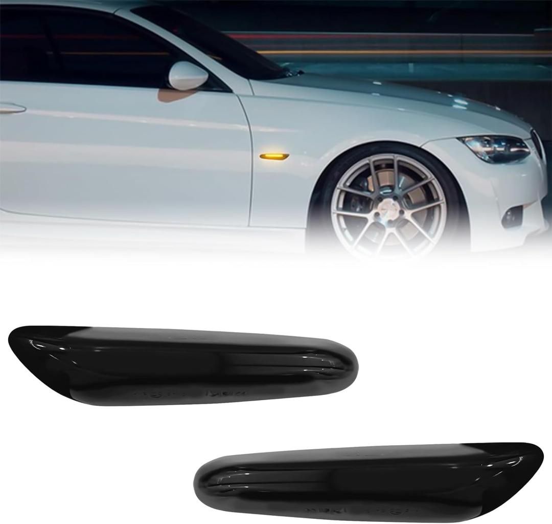 2PCS LED Side Marker Lights Compatible with BMW 1 3 5 Series E36 E46 E60 E87 E90 E92 X1 X3, Driver & Passenger Side Front Fender Turn Signal Smoked Lens Dymanic Amber Lights, Car Accessories