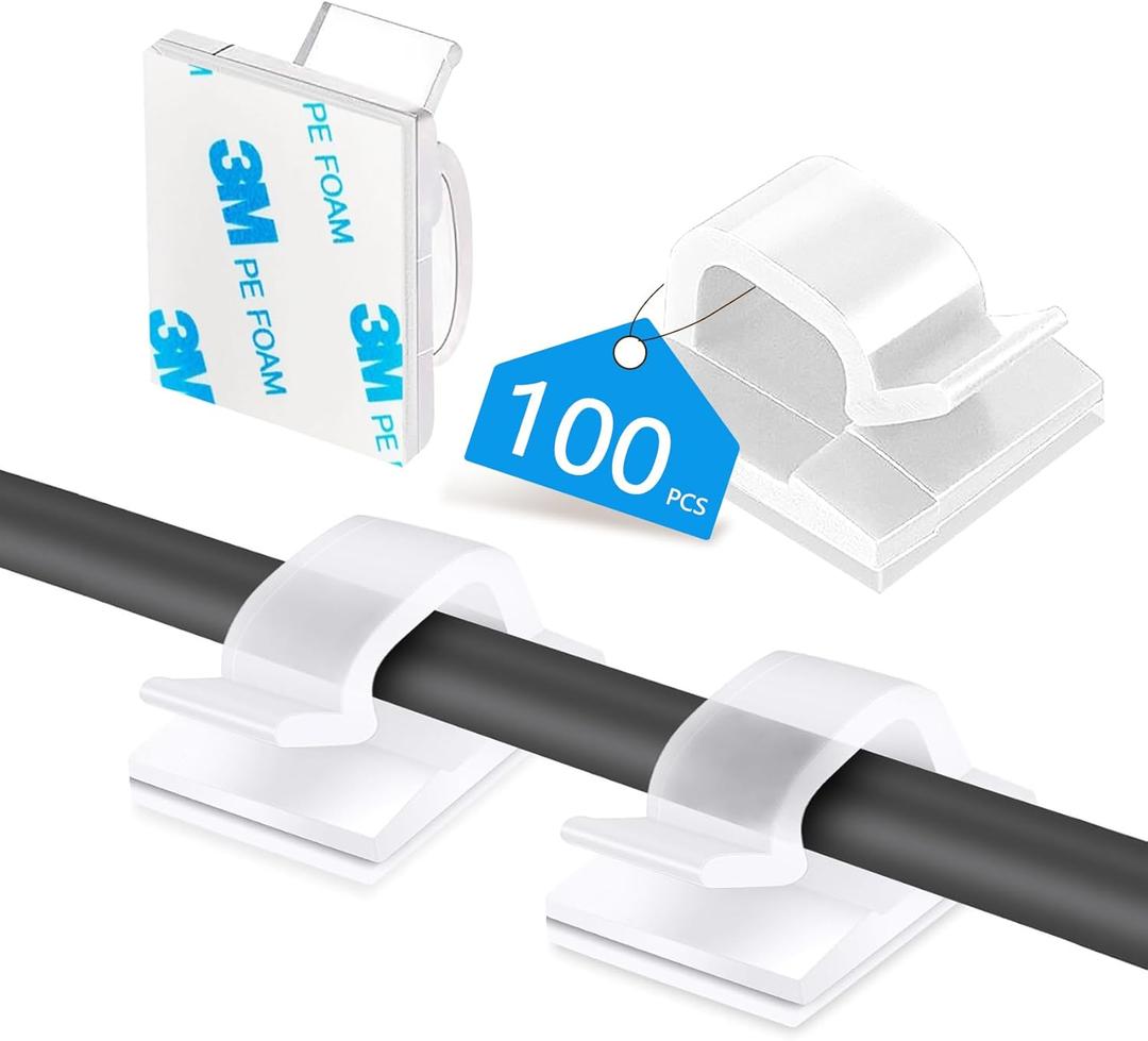 100PCS Cable Clips, Adhesive Wire Clips Organizer Cord Clips Management, Cable Staples Outdoor Strong for Wall, Desk, Christmas Lights, String Lights, TV PC Ethernet Cable, Clear Small  