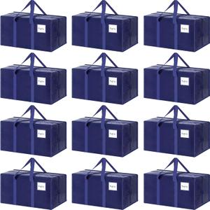 12 Pack Extra Heavy Duty Large Moving Bags with Strong Zipper & Comfortable Handles, Sturdy & Durable Clothes Storage Bags Totes Bins, Packing Moving Boxes for College Supplies, Dark Blue