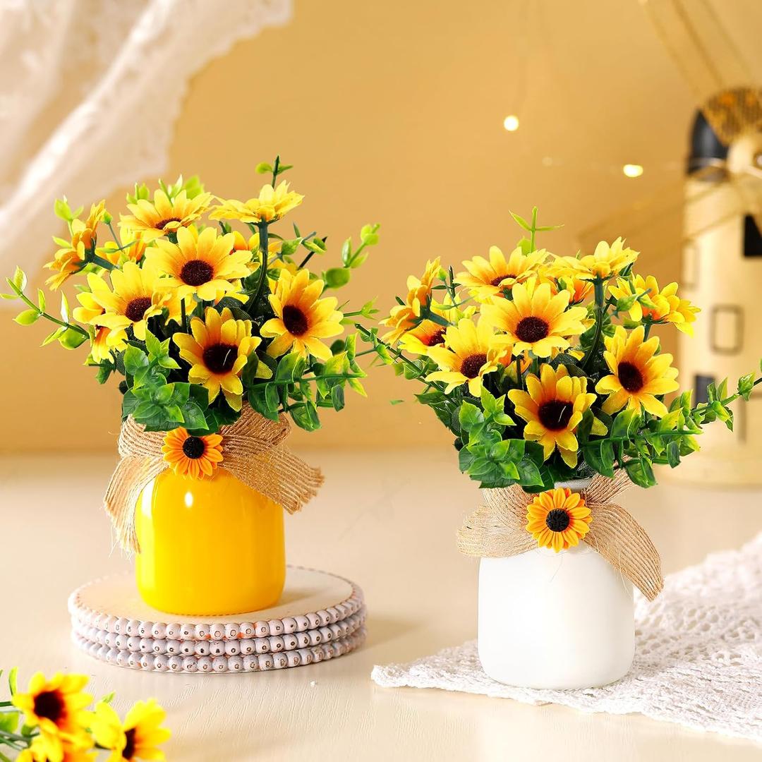 Nitial 2 Pcs Artificial Fake Flowers in Vase Decorations Sunflower Table Centerpiece Decoration Summer-Sunflowers in Vase Cute Artificial Plant Decor for Summer Farmhouse Home Office Party Gift