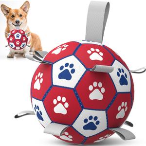 Diman Dog Balls, Dog Soccer Ball with Straps for Indoor Outdoor Play, Pet Toys Balls for Small Medium Dogs, Dog Birthday Gift, Interactive Dogs Toy for Tug of War (6 inch) (Red)
