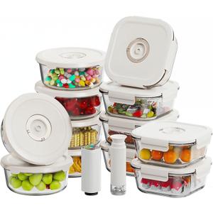 HOLDN STORAGE Vacuum Food Storage Containers, Set of 12 Glass Containers with Electronic & Manual Pump - Keep Food Fresh Longer, BPA-Free Glass, Leak-Proof, Ideal for Meal Prep, Marinating, Set of 12 Mix: Electronic & Manual Pump