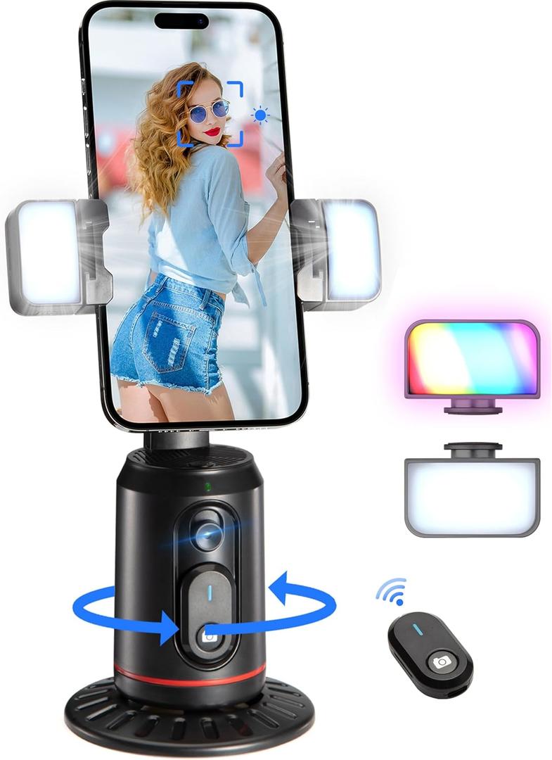 MQOUNY Auto Face Tracking Phone Holder, 360 Rotation Face Body Phone Tripod Smart Shooting Camera Mount with Rechargeable Remote and Light for Live Vlog Streaming Video, Rechargeable