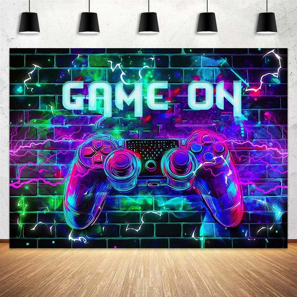 7x5 ft Game On Backdrop Video Game for Boys Level Up Birthday Decorations Background Game Night Arcade Neon Glow Gamer Banner Photography Background Birthday Party Supplies