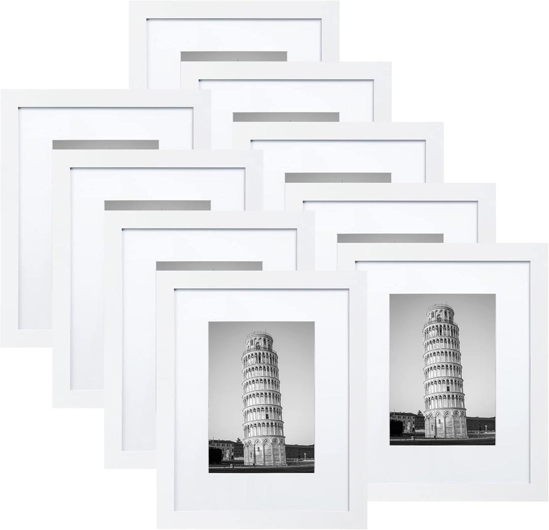 Wiscet Picture Frame Set of 9, 11x14 with Mat or 8x10, White, Classic Design, Engineered Wood, Wall Mount or Tabletop