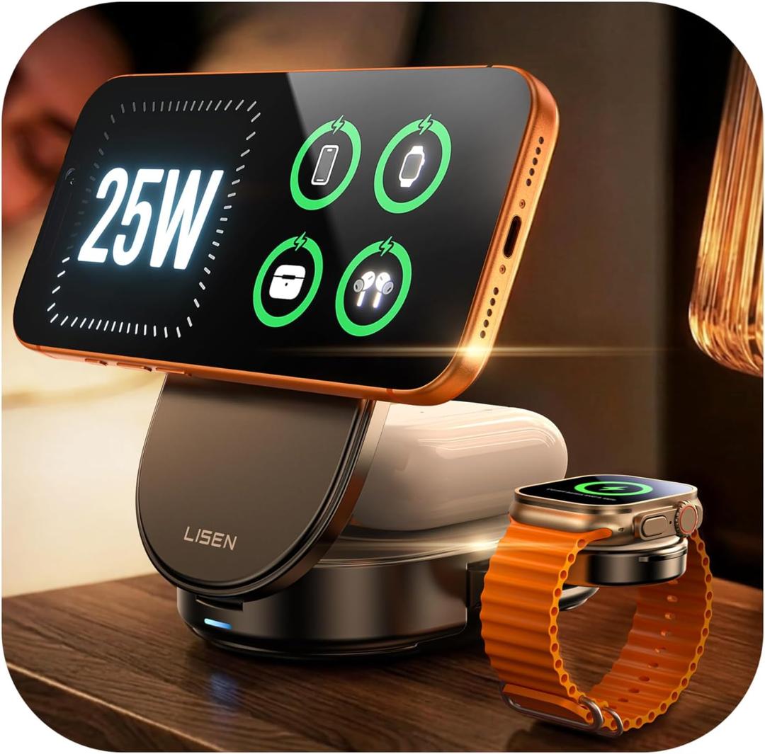 LISEN [Ultra-Fast 25W] 3-in-1 Charging Station for Apple, Qi2.2 25W Foldable Wireless MagSafe Charger Stand for iPhone 17/16/15/14/13 Pro Max, Apple Watch&AirPods, Travel Portable with 45W Adapter