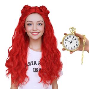 ColorGround Long Cosplay Wig for Women (Red with Pocket Watch)
