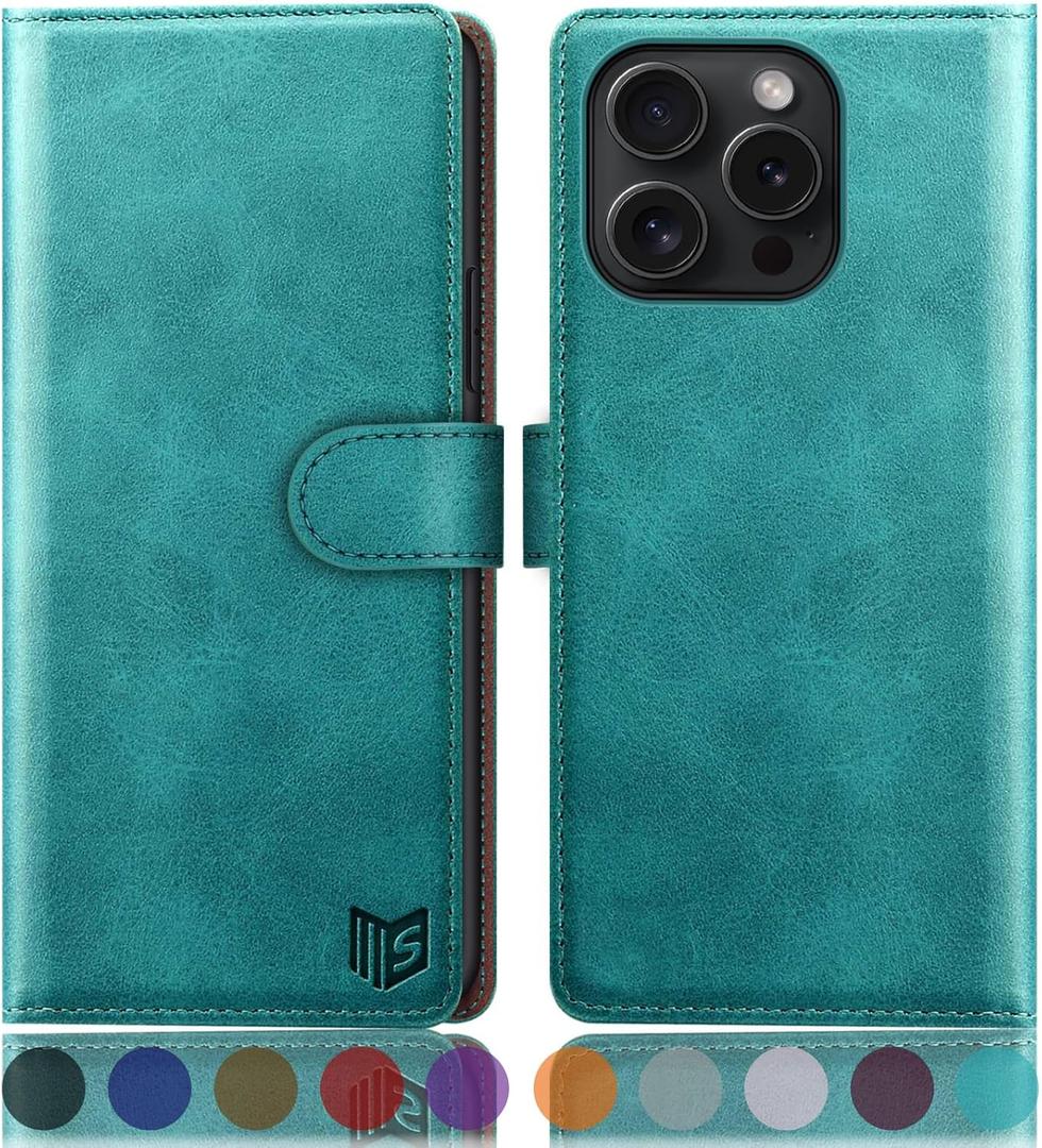 SUANPOT Compatible with iPhone 16 Pro 6.3" Wallet case with RFID Blocking Credit Card Holder,Flip Book PU Leather Protective Cover Women Men for Apple 16 Pro Phone case Blue Green