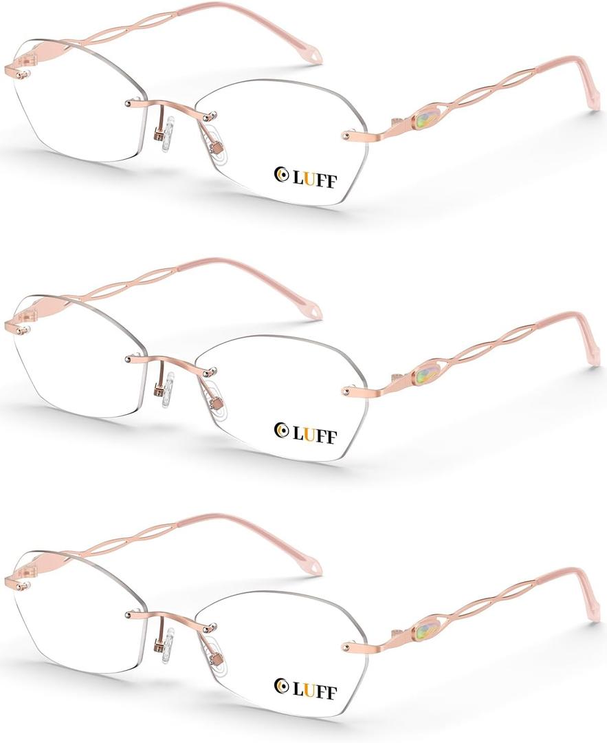 LUFF Rimless Reading Glasses for Women | Blue Light Computer Readers | Lightweight 16g Metal Frame | Eye Strain Relief (3.0x, 3pc-pink)