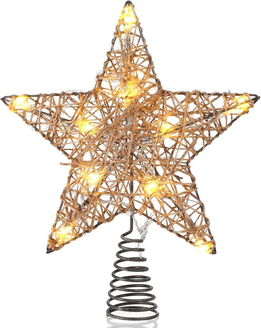 Baquler Farmhouse Christmas Tree Star Topper Decorations Light up Christmas Tree Topper with 10 LED Lights for Rustic Xmas Party Ornament Home Decor