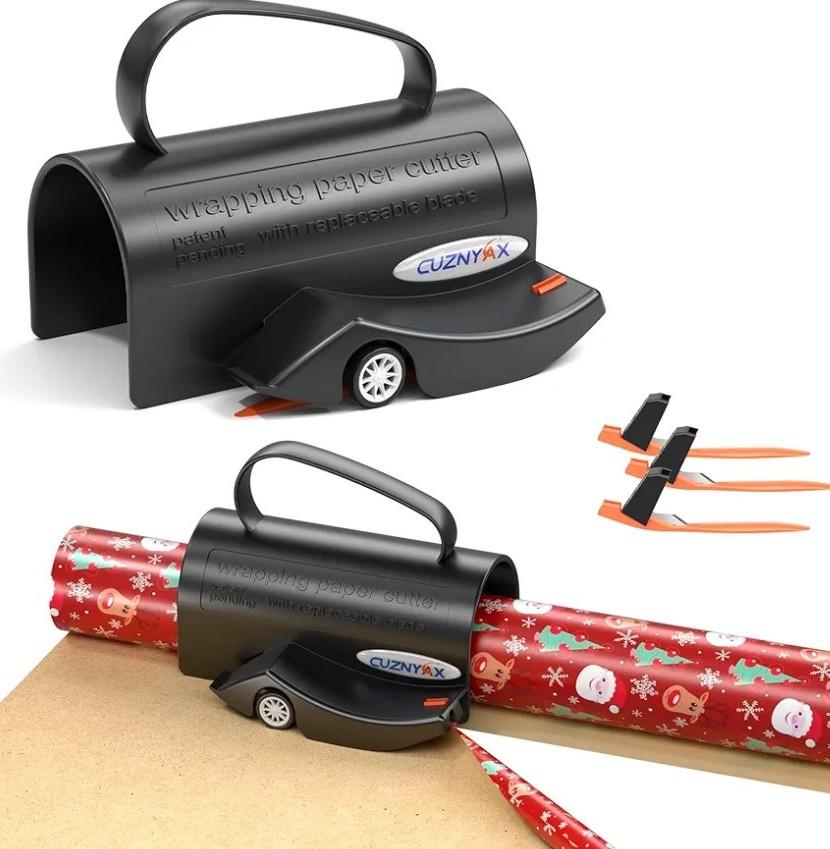 Wrapping Paper Cutter with Handle Gift Wrap Cutter for Christmas Paper Rolls, 3 Replaceable Blades for Smooth & Straight Cuts, Easy Paper Cutting Tool for Holidays