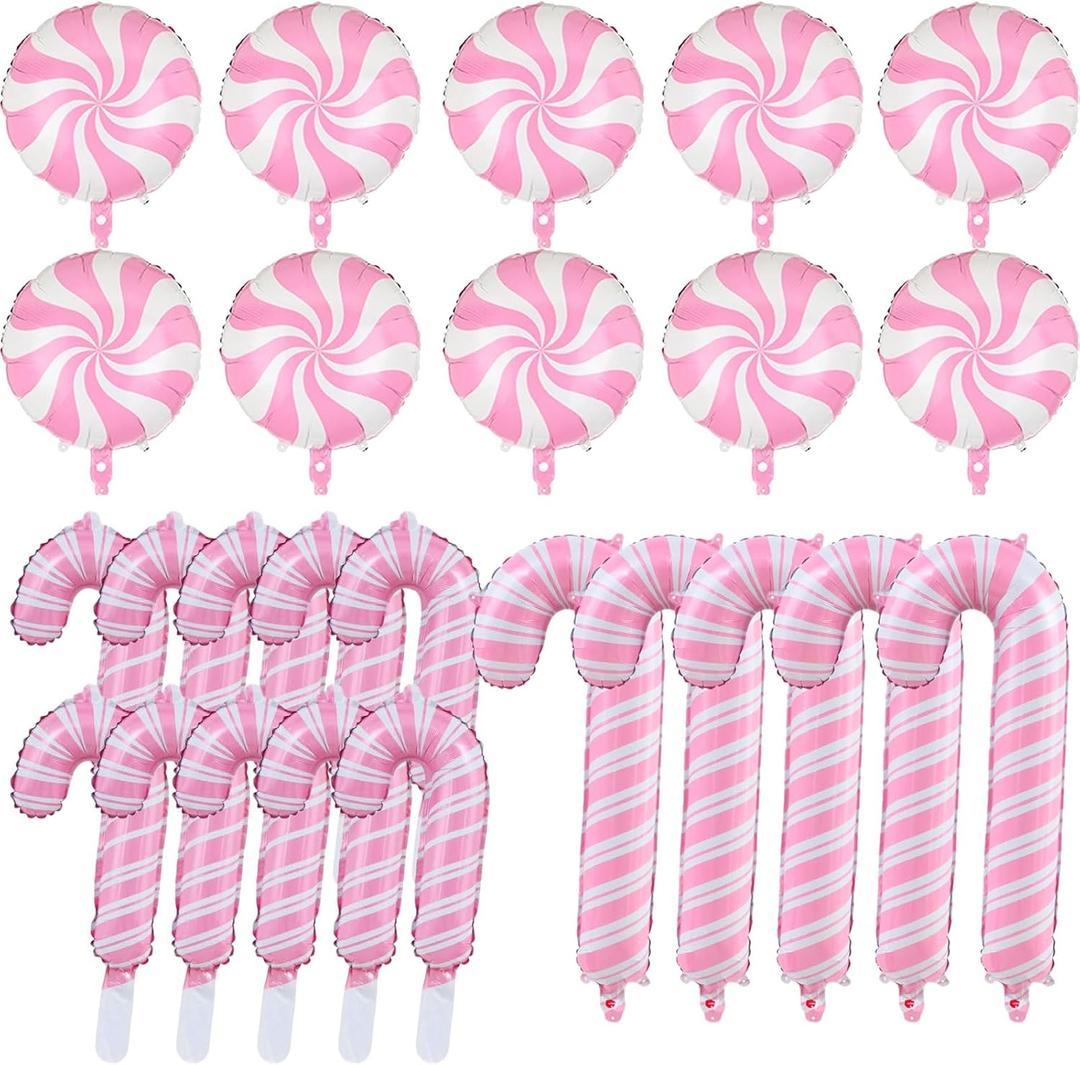 Christmas Candy Cane Balloons Decorations -25Pcs Pink Candy Foil Balloons for Sweet Candy Themed Christmas Party Decor Supplies