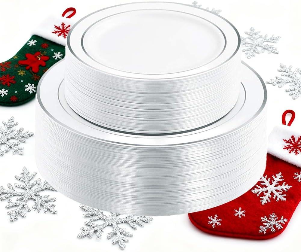 I00000 102pcs Silver Plastic Plates, Disposable Plastic Party Plates with White Silver Rim Fancy Wedding Party Plates Include 51 Dinner Plates 10.25" and 51 Dessert Appetizer Plates 7.5"