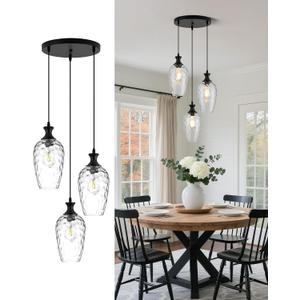 3-Light Pendant Lighting, Black Dining Room Chandelier Light Fixture Over Table with Hammered Glass, Modern Cluster Hanging Lights for Kitchen Island Sink, E26