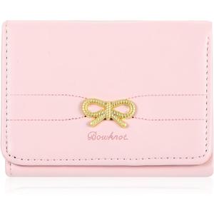 Fashion Foldable Cute Wallets for Women,Girls Wallet with Metal Small Bow,Simple Korea Pink Wallets for Women,Ins Short Aesthetic Wallet,Cute Wallets for Teen Girls and Women(Pink)