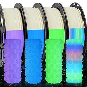 OEM MIKA3D 4 Spools Glowing in Dark PLA Bundle, Glow in Dark Green Blue Purple Fast Color Change Rainbow, Each Spool 0.25kg, 4 Spools, Total 1KG Dark Fluorescent PLA 3D Filament 