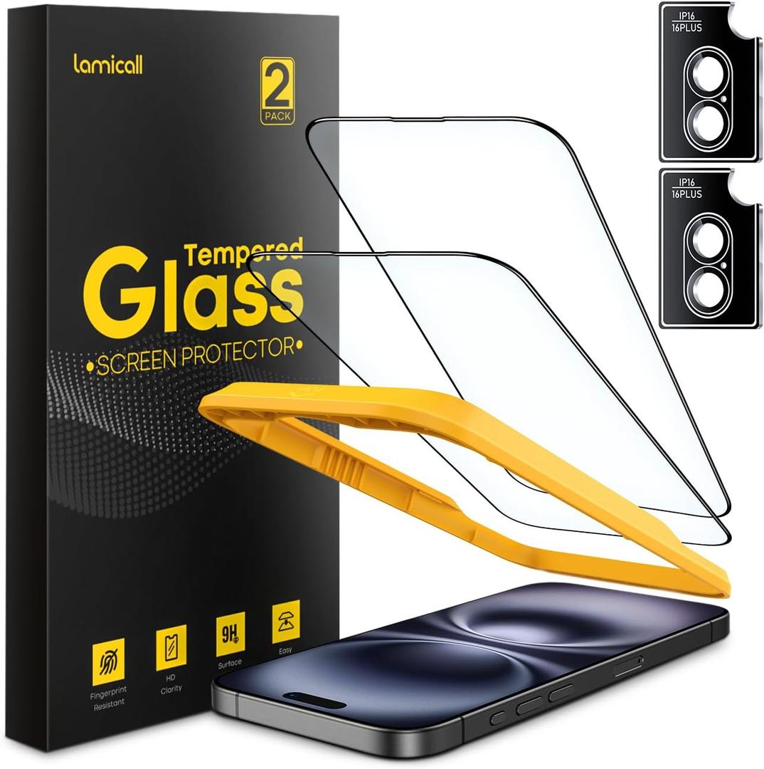 Lamicall 2+2 for iPhone 16 Plus Max Screen Protector (6.7") with Camera Lens Protector, [Top 9H Tempered Glass Film], Easy Alignment, Anti-Scratch, 0 Bubbles, HD Clear for iPhone 16 Plus - 2 Pack Each