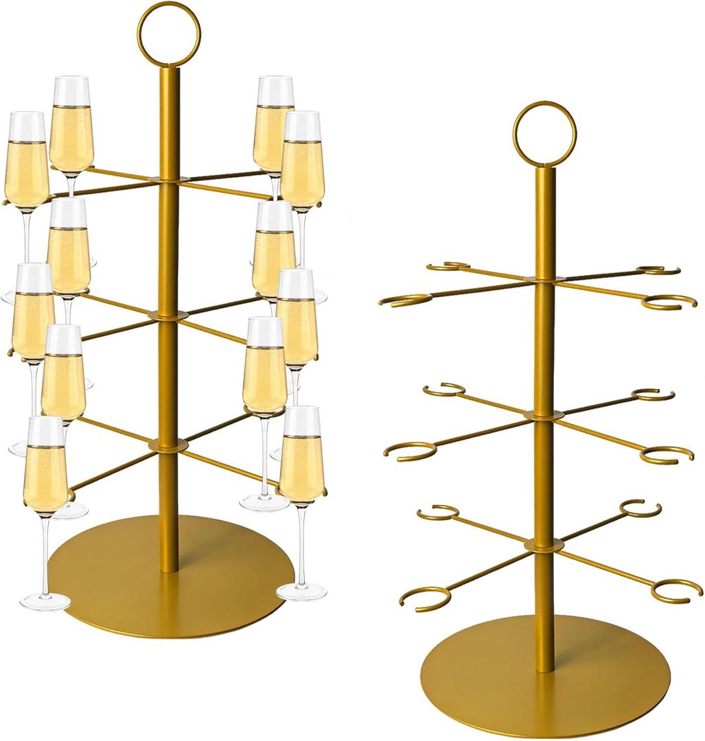 Champagne Tower Champagne Stand, Cocktail Tree Stand for Drinks Tower, 3 Tier 12 Brackets Metal Wine Glass Display Holder, Party Bar Wedding Champagne Tree Stand for Martini Margarita Gin Wine